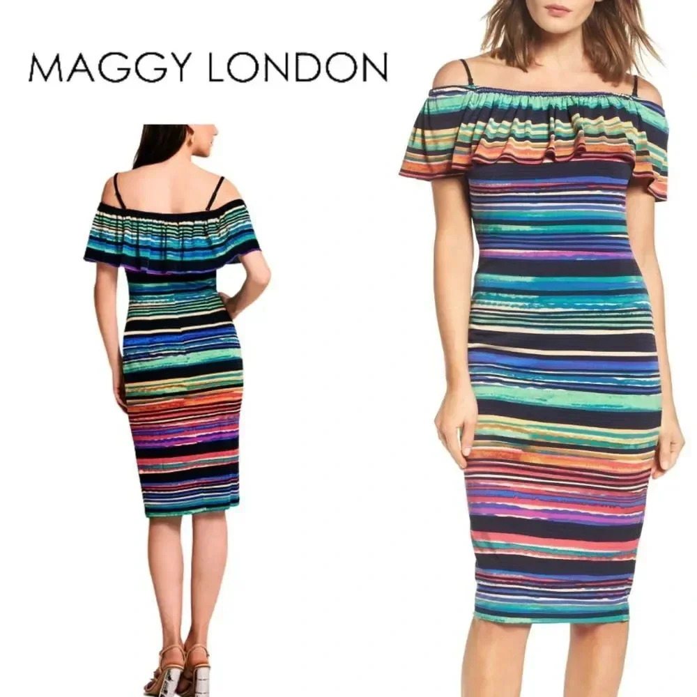 Maggy London, Off the Shoulder Ruffle Striped Dress, Blue, Green, Black, Multi